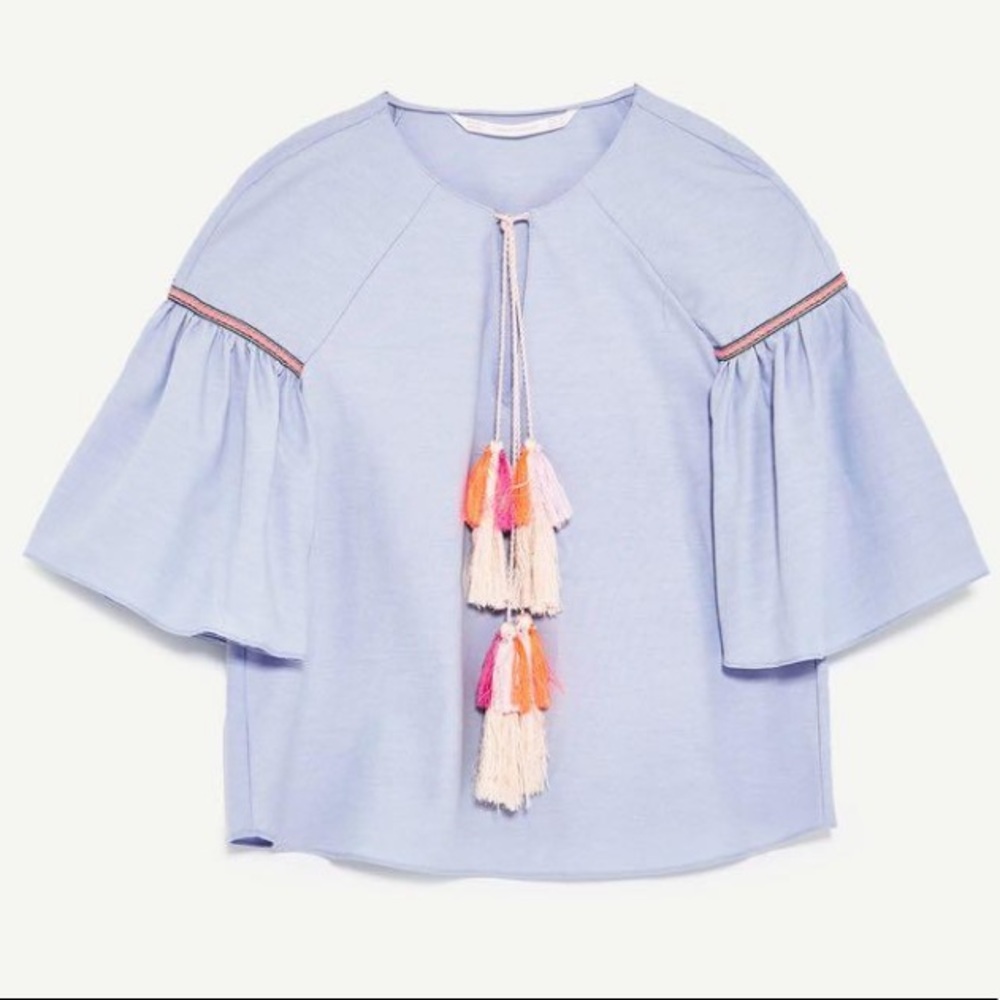 Zara Trafaluc Collection Blue Tassel Blouse S - Picture 2 of 9
